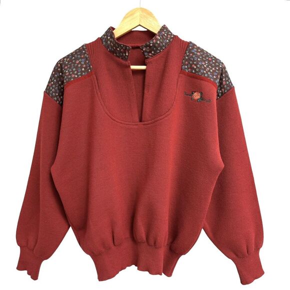 Vintage 80s Womens Mock Neck Sweater Small Rust Micro Floral Embroidered Fall - Picture 2 of 16